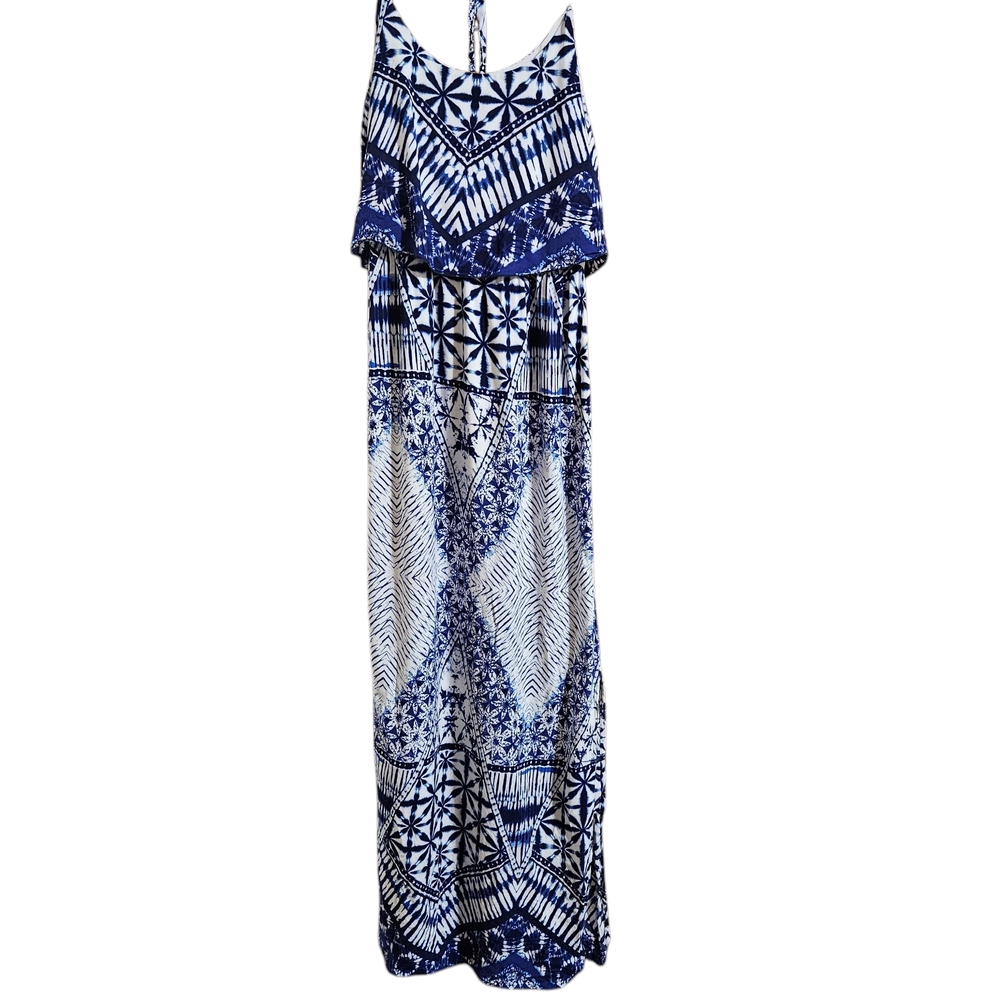 Boho-Hippie Batik Print Sleeveless Maxi Dress With Side Slits  Blue & White Med